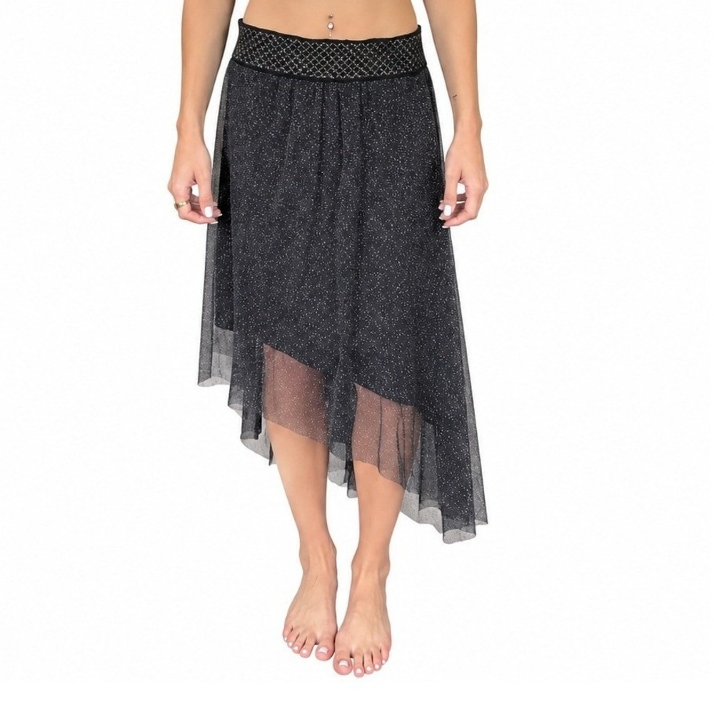 Miss Me Black Glitter Mesh Asymmetrical High Low Skirt Metallic Waistband